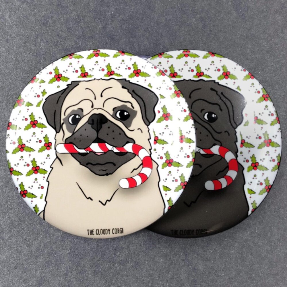 Pug Dog Christmas Pin Button, Magnet, Keychain, Bottle Opener or Mini Ornament